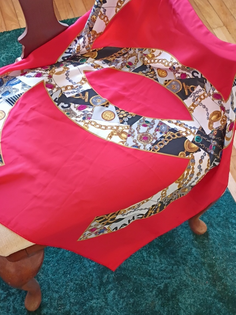 CHANEL Red Silk Scarf with Multicolor Chain-Print CC Logo
